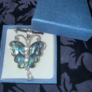 Abalone Shell Butterfly Pendant Necklace - Iridescent Green/Blue